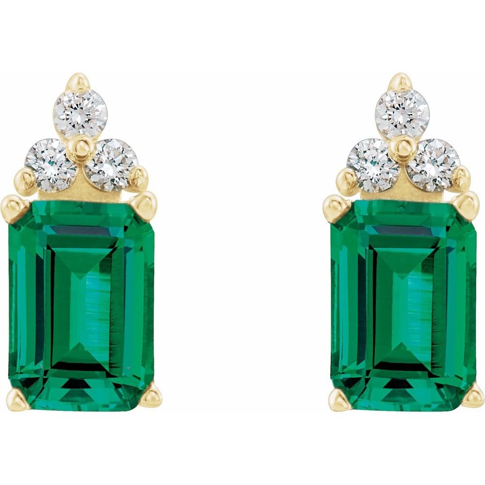 Lab-Grown Emerald & 1/8 CT Diamond Earrings in 14K Yellow Gold
