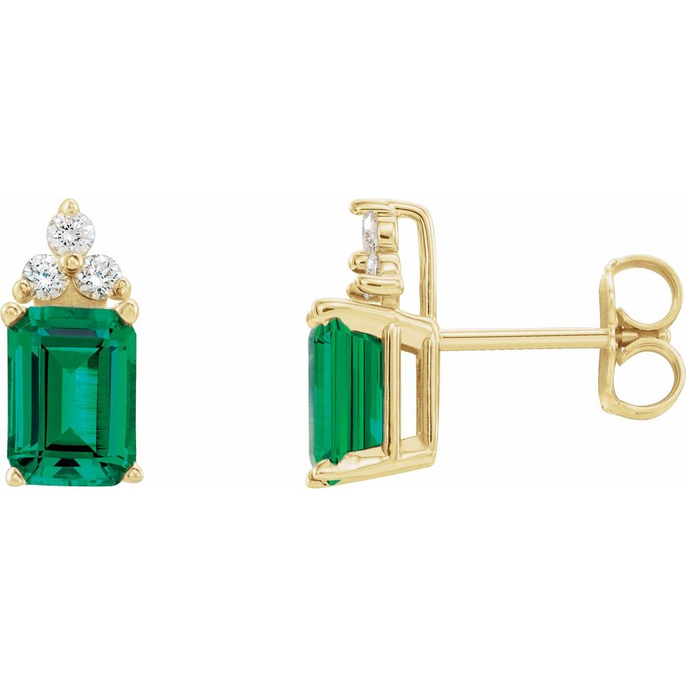 Lab-Grown Emerald & 1/8 CT Diamond Earrings in 14K Yellow Gold
