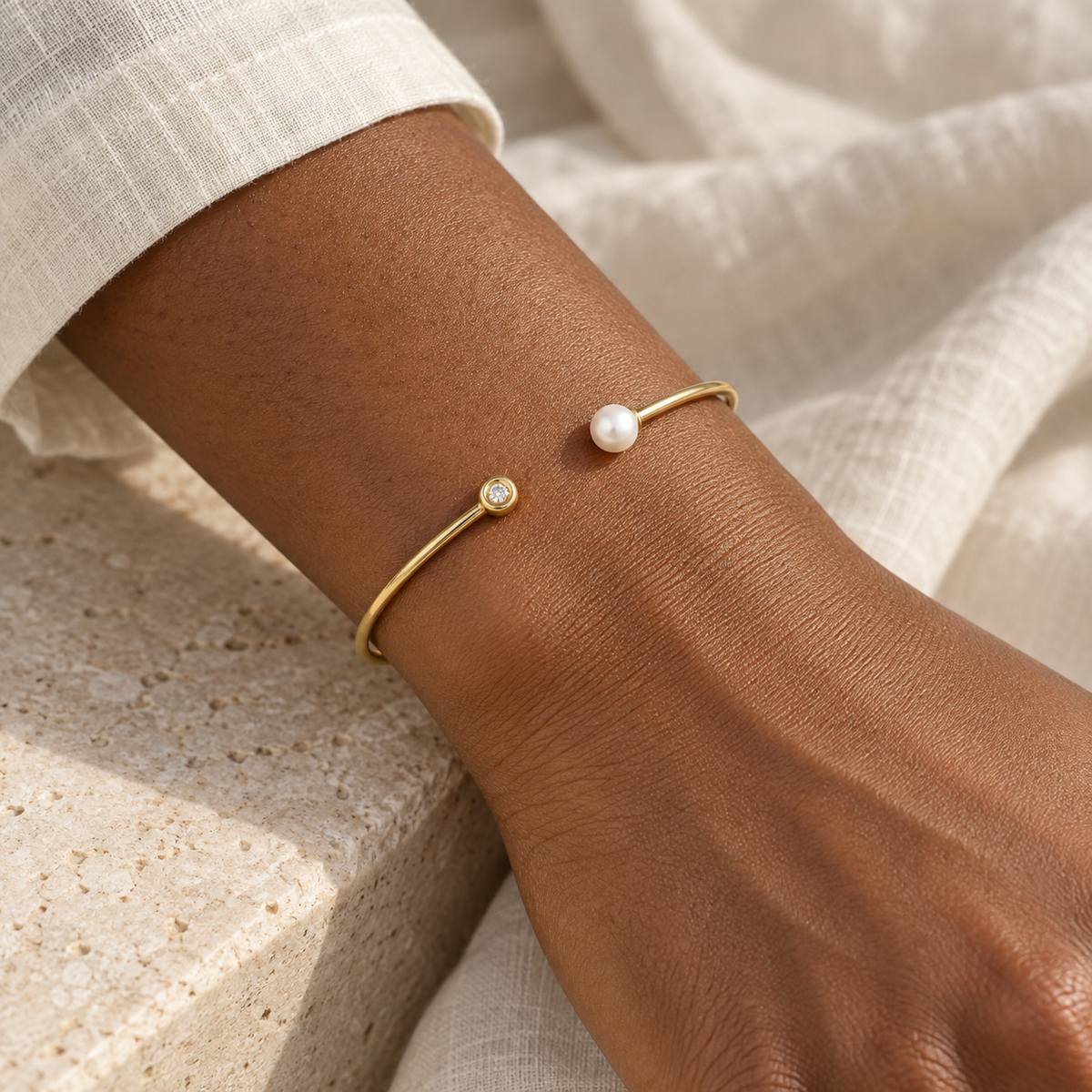 Freshwater Pearl & .03 CT Natural Diamond Cuff Bracelet in 14K Yellow Gold