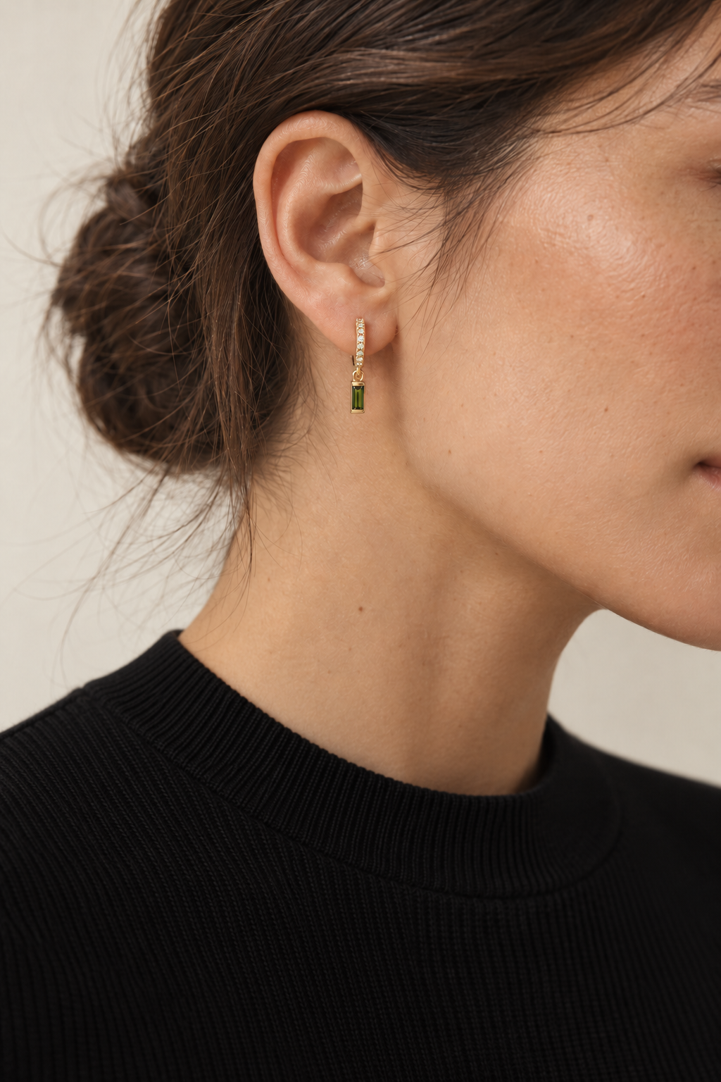 Green Tourmaline & .08 CT Natural Diamond Hoops in 14K Yellow Gold
