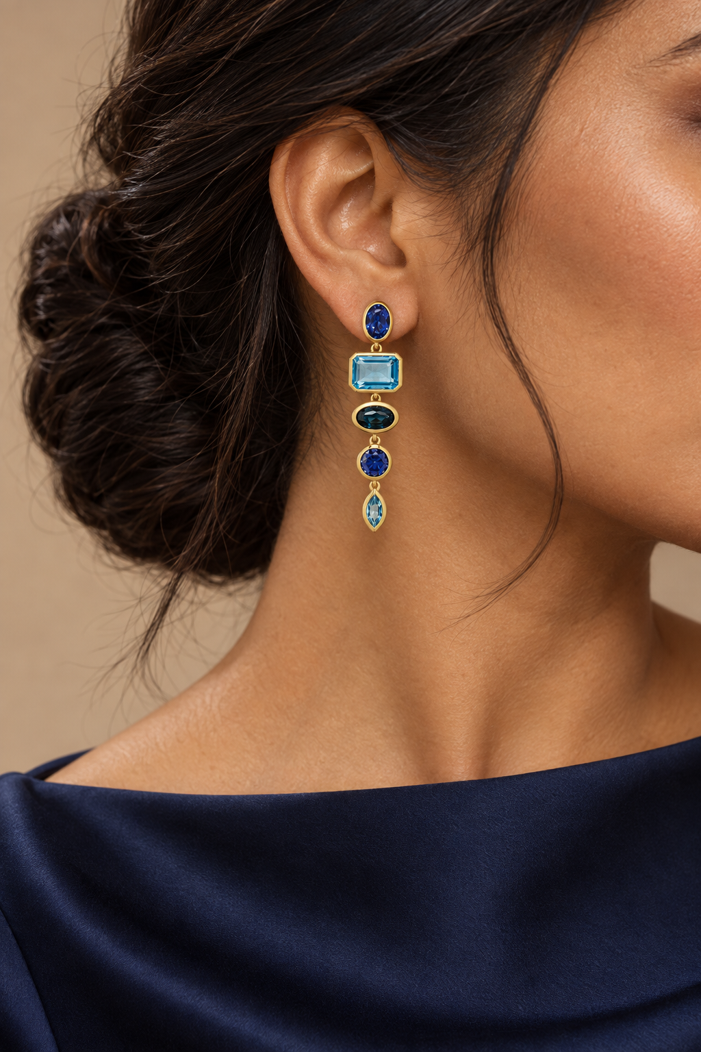 Blue Sapphire & Topaz Dangle Earrings in 14K Yellow Gold