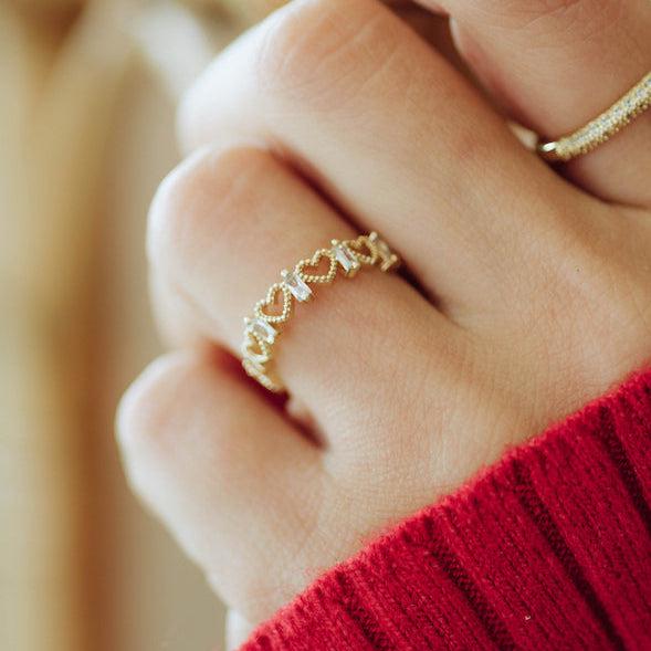 Gold CZ Heart Ring, Gold Filled Heart Ring, Gold Heart Ring, Adjustable Heart Ring, Heart Crystal Ring, Gold Heart Band, Heart Stacking Ring
