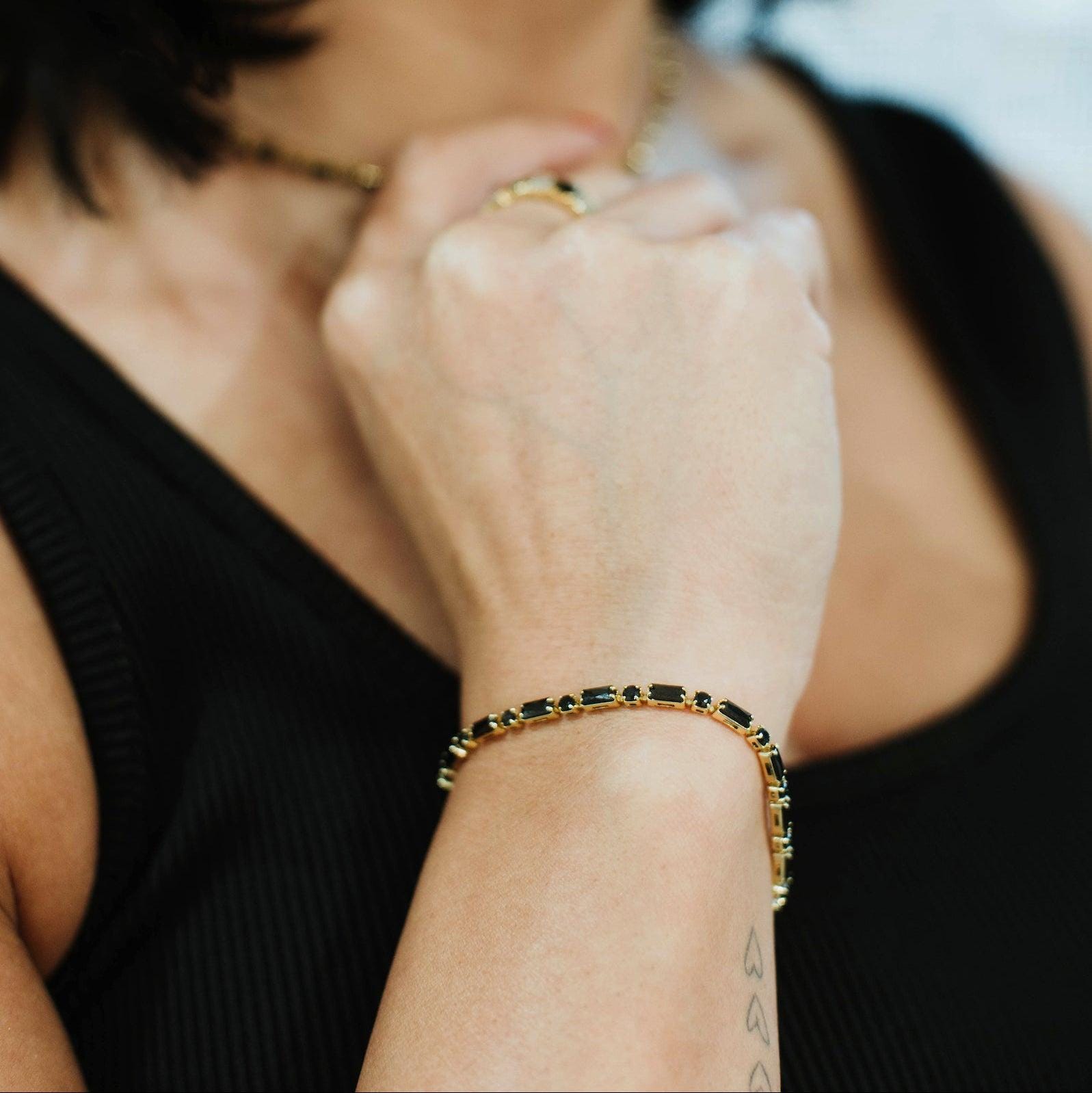 Black Tennis Bracelet, Black and Gold Dainty Bracelet, Hypoallergenic Dainty Bracelet, Tarnish Free Bracelet, Clasp Tennis Bracelet