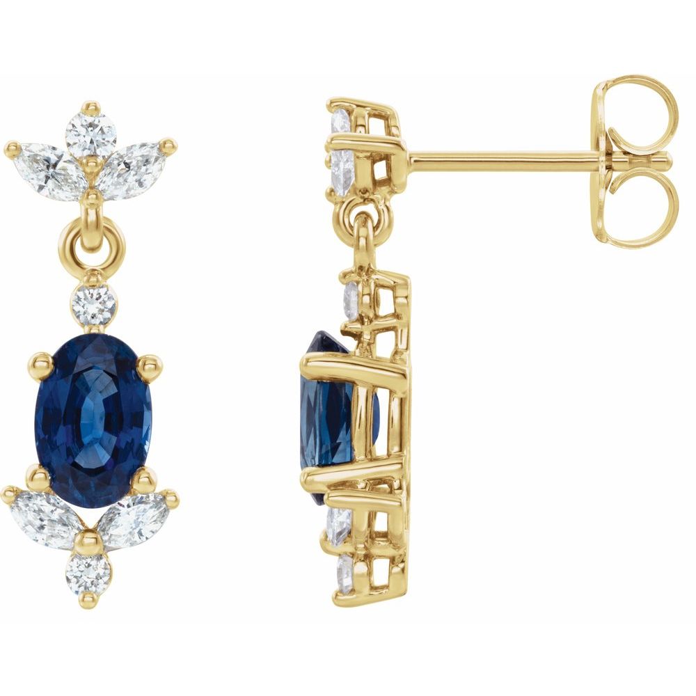 Natural Blue Sapphire & 1/3 CT Natural Diamond Earrings in 14K Yellow Gold