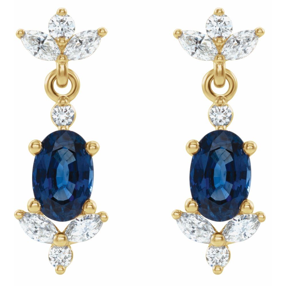Natural Blue Sapphire & 1/3 CT Natural Diamond Earrings in 14K Yellow Gold
