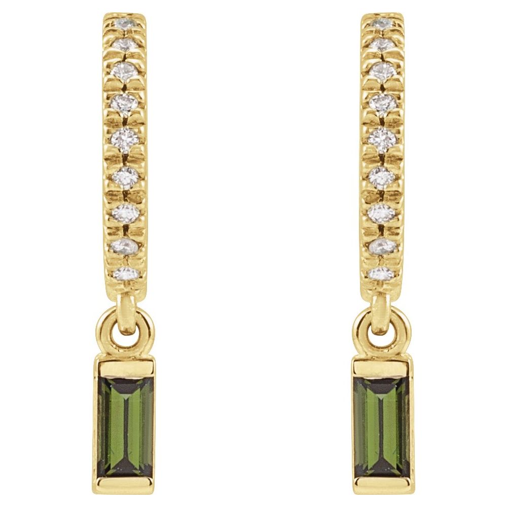 Green Tourmaline & .08 CT Natural Diamond Hoops in 14K Yellow Gold