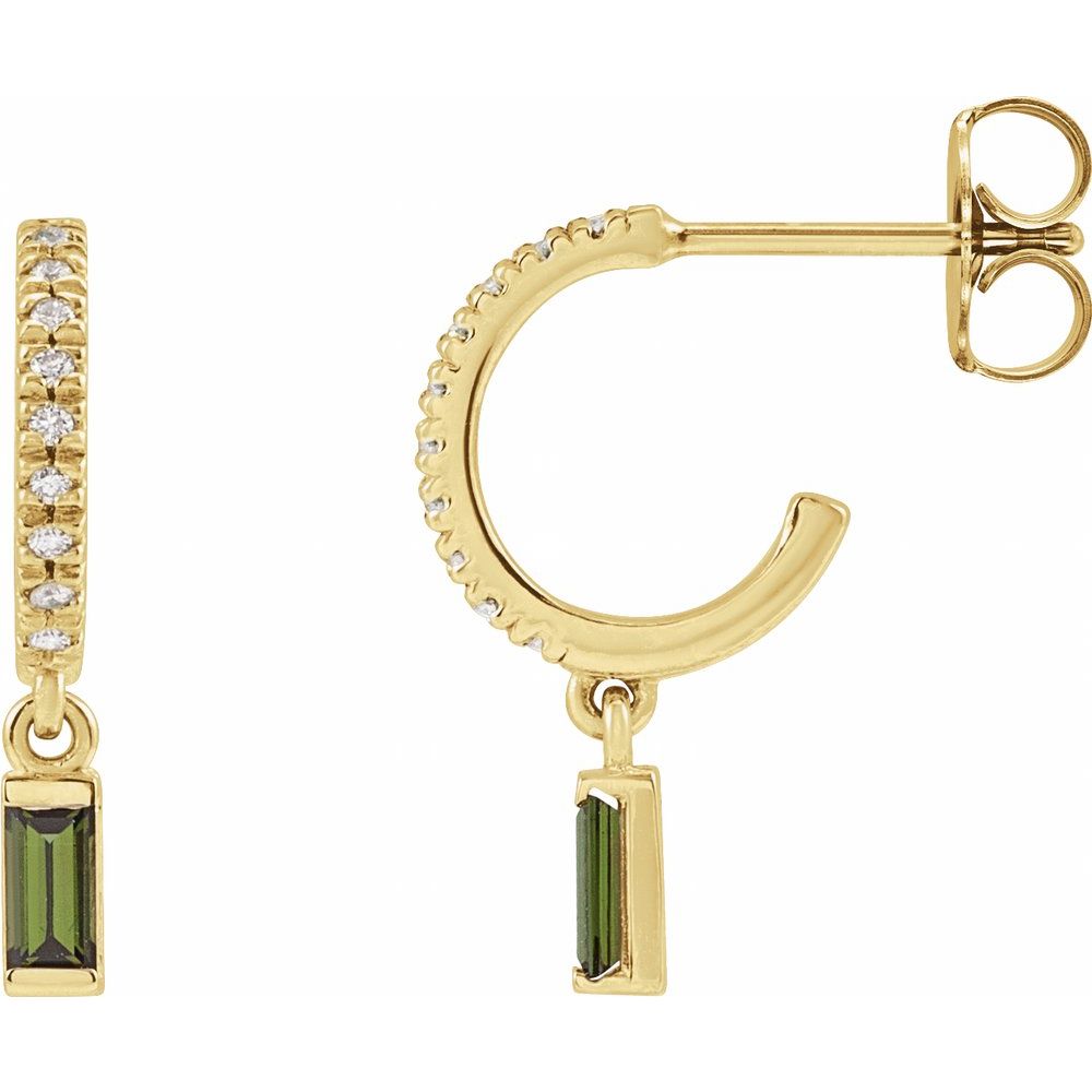 Green Tourmaline & .08 CT Natural Diamond Hoops in 14K Yellow Gold
