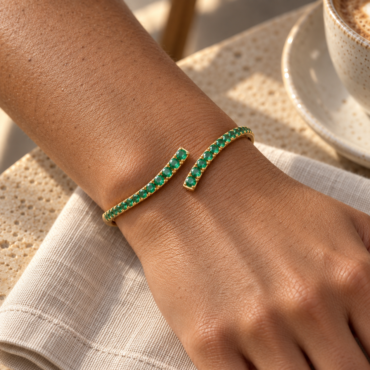 Lab-Grown Emerald Bypass Cuff Bracelet in 14K Yellow Gold