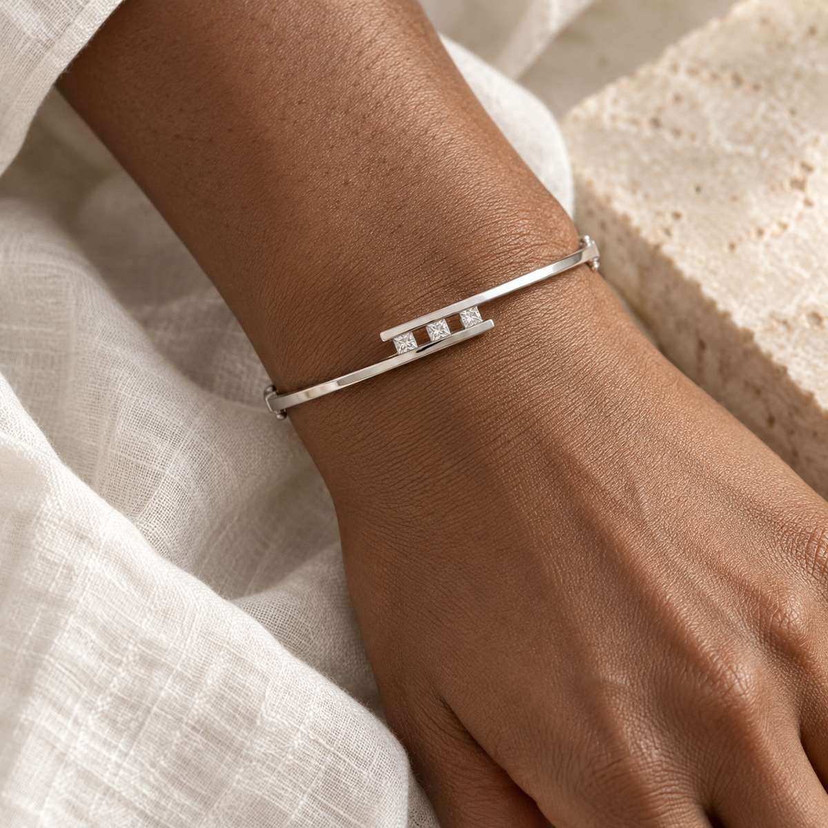 5/8 CT Natural Princess Cut Diamond Bangle in 14K White Gold