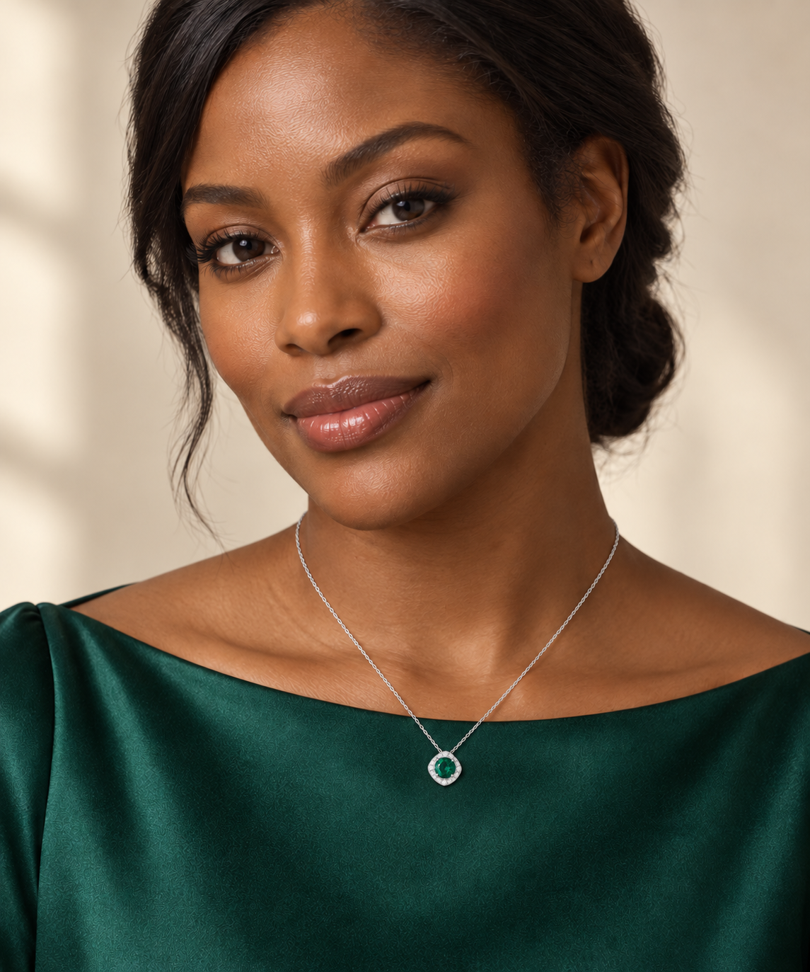 Lab-Grown Emerald & Natural Diamond Necklace in 14K White Gold