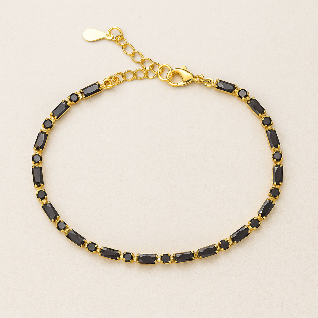 Black Tennis Bracelet, Black and Gold Dainty Bracelet, Hypoallergenic Dainty Bracelet, Tarnish Free Bracelet, Clasp Tennis Bracelet