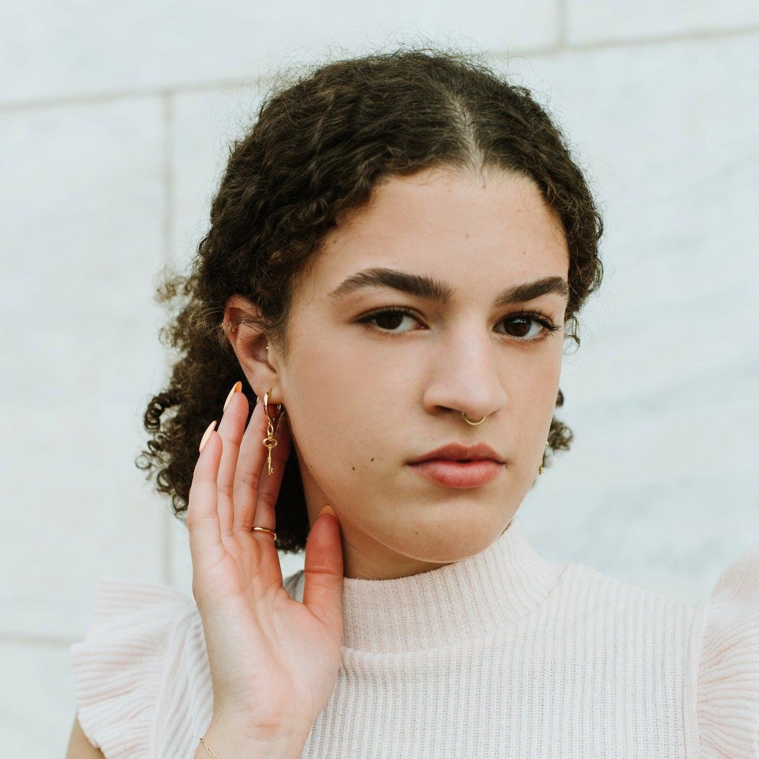 Gold-Filled Key Hoop Earrings: Dainty Huggies, Minimalist Jewelry