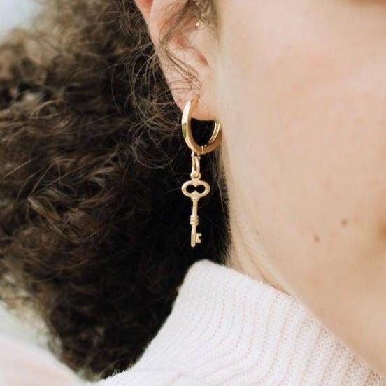 Gold-Filled Key Hoop Earrings: Dainty Huggies, Minimalist Jewelry