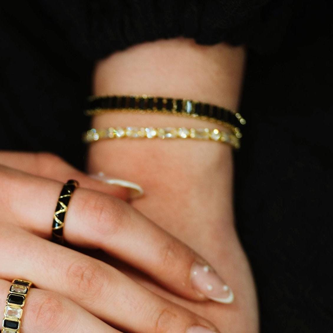 Black Tennis Bracelet, Black Gold Adjustable Bracelet, Slide Tennis Bracelet, Waterproof Gold Bracelet, Black CZ Bracelet, Baguette Bracelet