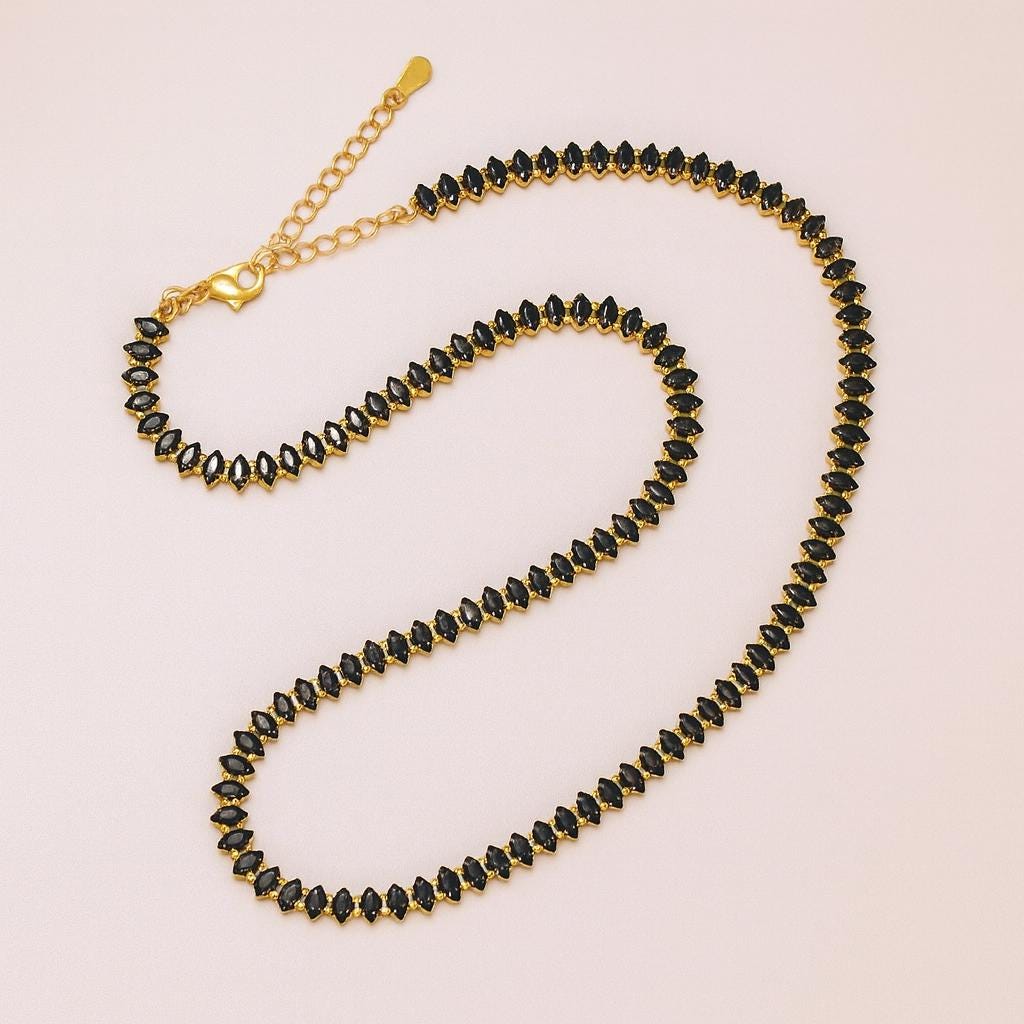 Dainty Black Gold Necklace, Black Gold Choker Necklace, Black Marquise Necklace, Gold Filled Black Necklace, Elegant Black Necklace